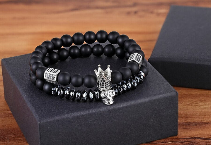 Unisex Onyx Steinarmbånd med Krone &amp; Hodeskalle Sjarmer