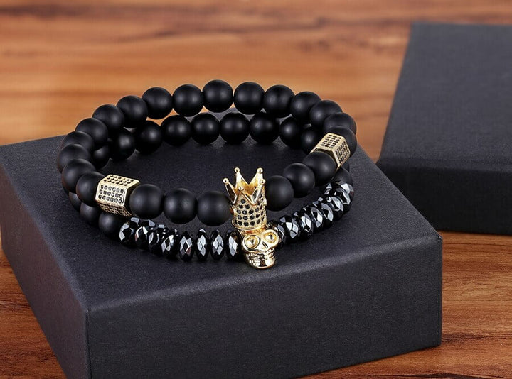Unisex Onyx Steinarmbånd med Krone &amp; Hodeskalle Sjarmer
