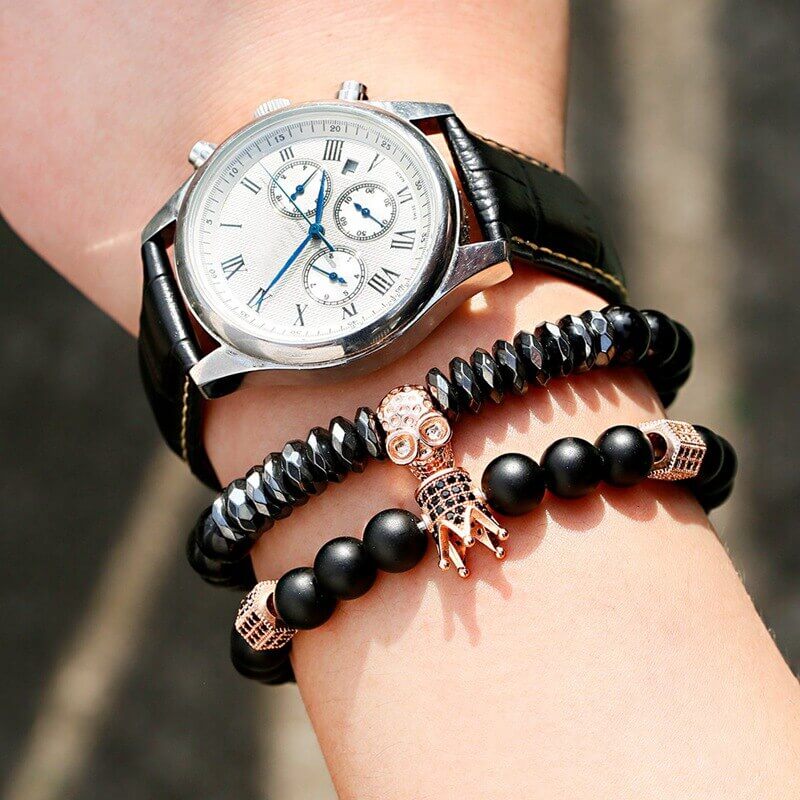 Unisex Onyx Steinarmbånd med Krone &amp; Hodeskalle Sjarmer