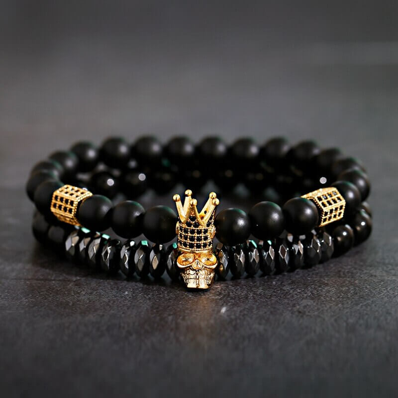 Unisex Onyx Steinarmbånd med Krone &amp; Hodeskalle Sjarmer