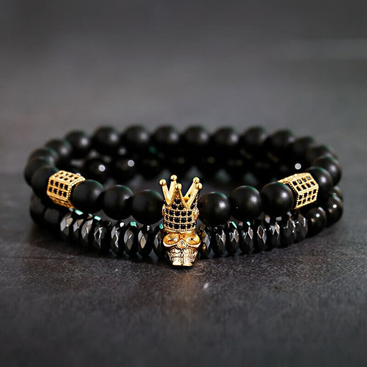 Unisex Onyx Steinarmbånd med Krone &amp; Hodeskalle Sjarmer