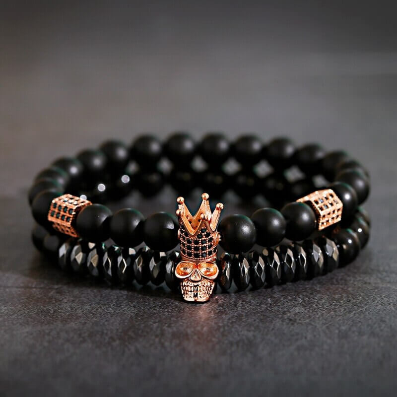 Unisex Onyx Steinarmbånd med Krone &amp; Hodeskalle Sjarmer