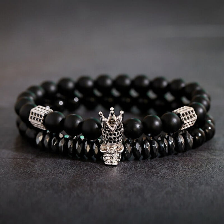 Unisex Onyx Steinarmbånd med Krone &amp; Hodeskalle Sjarmer