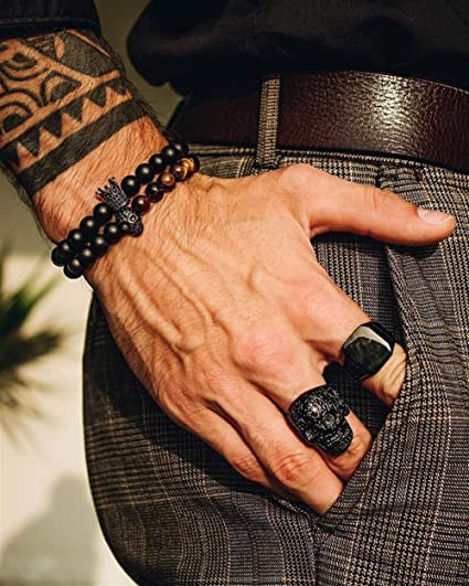 Unisex Onyx Steinarmbånd med Krone &amp; Hodeskalle Sjarmer