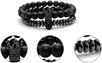 Unisex Onyx Steinarmbånd med Krone &amp; Hodeskalle Sjarmer
