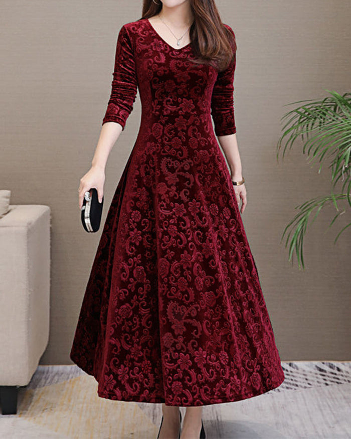 Robe midi en velours pour femme, à col en V et manches longues