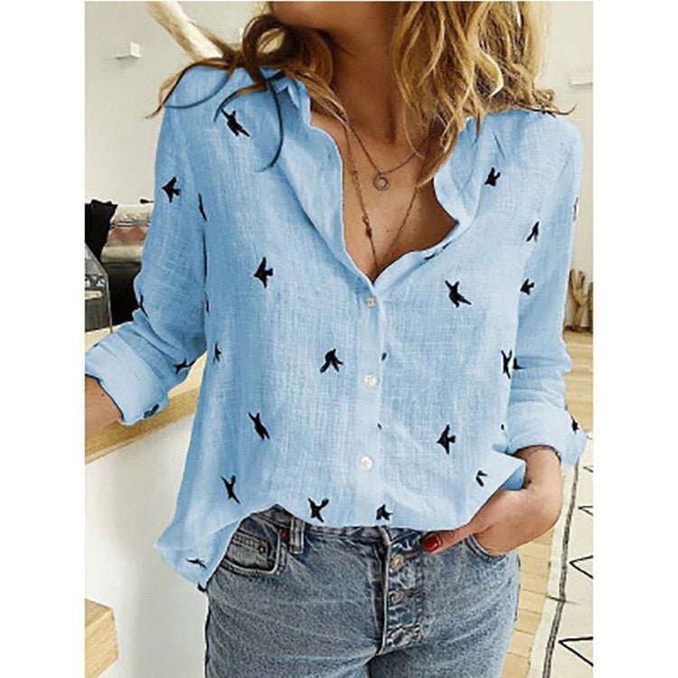 Dame Casual Bluse i Ensfarvet og med Fugleprint