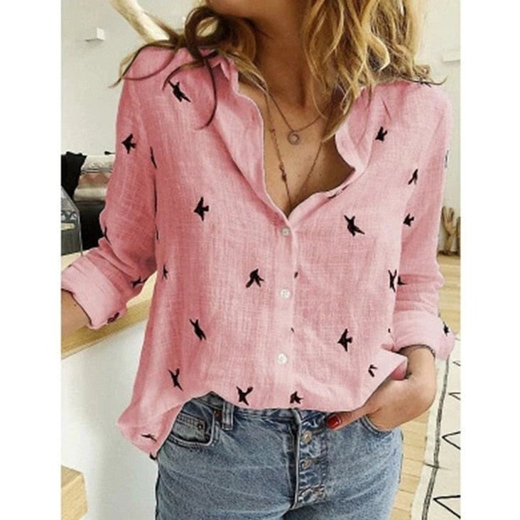 Dame Casual Bluse i Ensfarvet og med Fugleprint