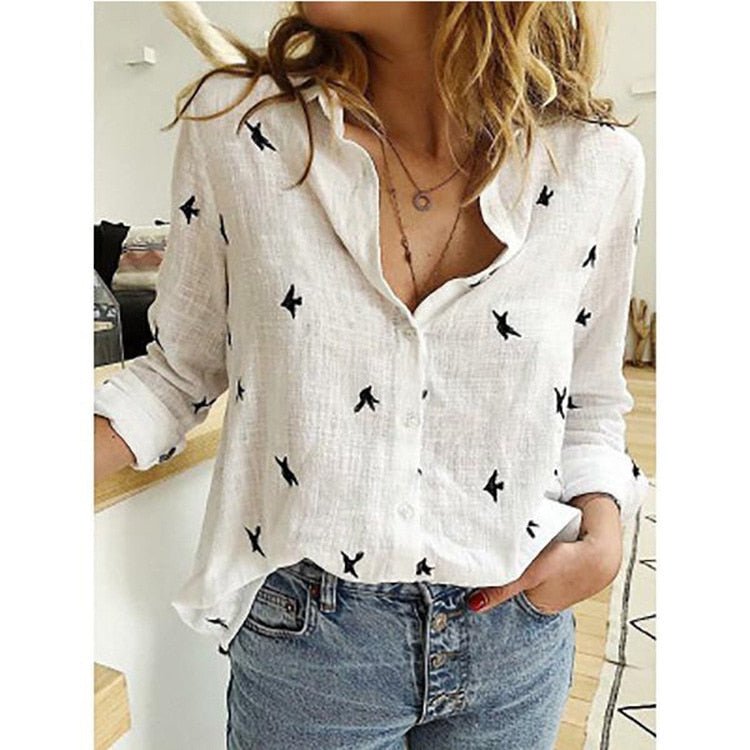 Dame Casual Bluse i Ensfarvet og med Fugleprint